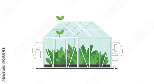 Eco friendly modern greenhouse with lush vegetation and sustainable design elements