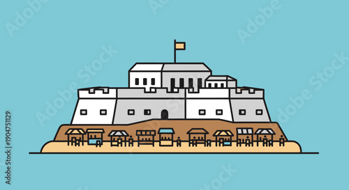 Flat design illustration of a historic coastal fortress with surrounding market stalls, symbolizing heritage and trade against a clear blue sky