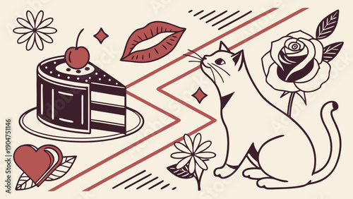 A horizontal arrangement of brown and red retro punk elements including a cat and a cherry-topped cake slice separated by zig-zag lines.