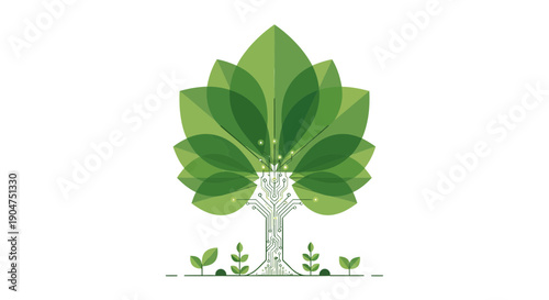 Stylized tree illustration featuring vibrant leaves, white trunk, sprouting roots, centered on a clean white backdrop, viewed head‑on