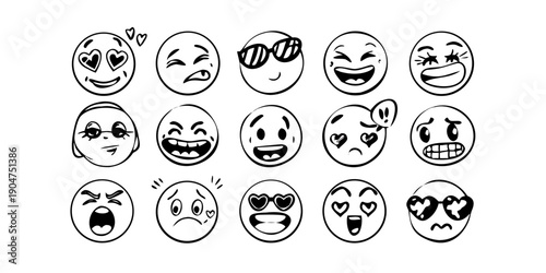 A collection of diverse emoticons expressing various emotions and expressions Vector