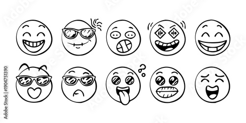 A diverse collection of expressive cartoon faces showcasing various emotions and reactions Vector