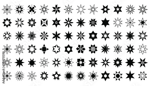 Abstract Black and White Starburst and Snowflake Symbols Collection for Decorative Design and Creative Backgrounds