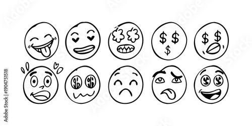 A collection of diverse emoticons expressing various emotions and reactions. Vector