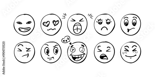 A collection of nine different emoticons expressing various emotions and facial expressions. Vector