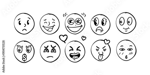 A diverse collection of emoticons representing various human facial expressions and emotions Vector