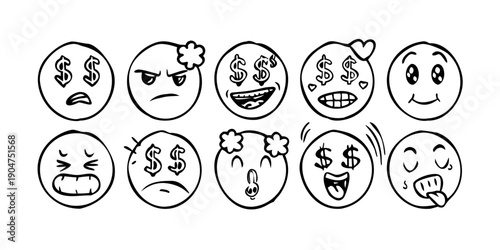 A diverse collection of twelve expressive cartoon faces showing various emotions. Vector