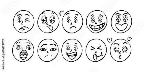 A diverse collection of ten illustrated faces expressing various emotions and moods. Vector