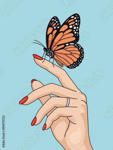 Close Up Vector Illustration of a Delicate Woman's Hand and a Monarch Butterfly Standing on the Finger. Isolated on Light Blue Sky Background