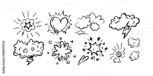 Photos Various cartoon-style sound effect symbols and icons in black and white