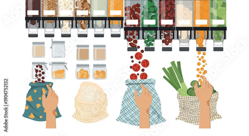 Zero Waste Bulk Grocery Shopping Concept. Hands filling reusable bags and jars from dispensers with dried food and vegetables.