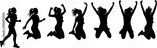 Black silhouette of woman running and jumping in air, female athlete fitness poses set, concept of success, freedom and energy.