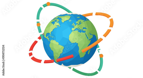 Global Connectivity Network Concept: Low Poly Earth Globe Illustration with Colorful Orbiting Data Paths on White