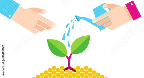 Financial Investment and Business Growth: Hand Watering a Seedling Plant Growing from Gold Honeycomb, Representing Nurturing and Startup Development.