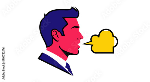 Pop Art Profile of a Man Speaking with Yellow Speech Bubble. Vector Illustration of Communication, Conversation, or Strong Opinion.