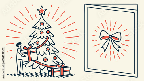A man placing a gift under a decorated christmas tree next to a festive greeting card illustration.