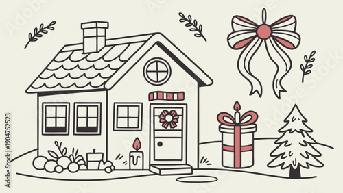 Minimalist hand drawn illustration of a cozy winter house decorated for christmas with a gift and tree.