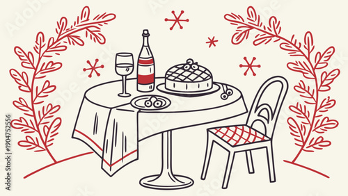 Vintage style line art illustration of a festive dinner table with wine, pie and a chair.