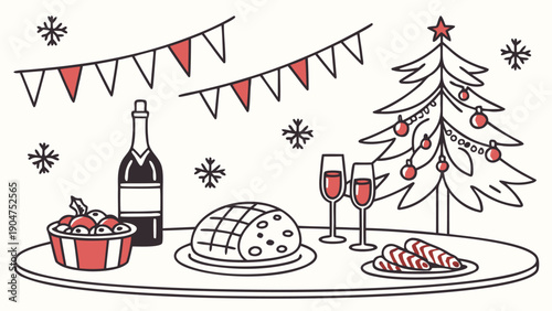 Festive christmas celebration dinner with a decorated tree champagne and food illustration