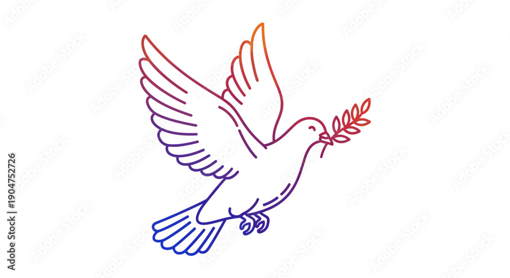 Fototapeta premium Symbolic gradient line art of a peace dove carrying an olive branch flying with hope