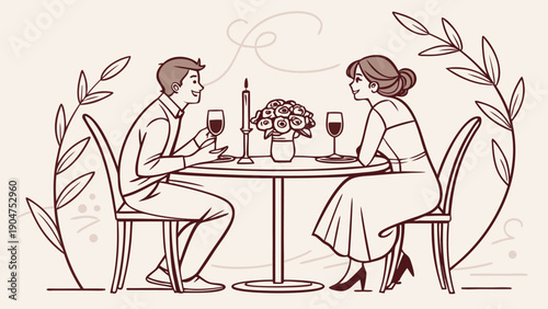 Romantic line art illustration of a couple enjoying a candlelit dinner date at a restaurant