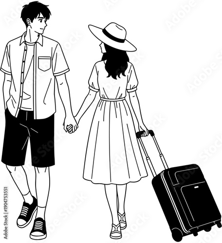 Couple traveling together vector illustration, man and woman holding hands with suitcase, summer vacation trip, romantic journey, travel lifestyle sketch.