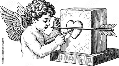 Vintage engraving of a cherub angel cupid sculpting a heart in stone with a chisel, classic romantic valentine's day illustration.