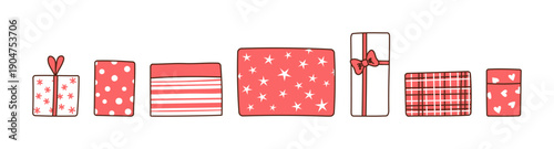 Birthday gifts, presents in boxes illustrations set, isolated. Hand drawn vector. Line drawing design. Birthday celebration, festival, carnival, party clip art, elements collection