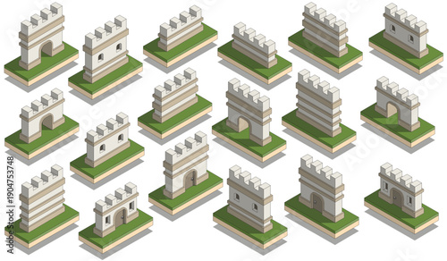 A set of medium length castle walls. Isometric. Isolated on white background. Vector illustration.