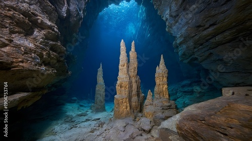 Towering underwater stalagmites rise from the rocky floor of a deep blue subterranean cavern illuminated by gentle light
