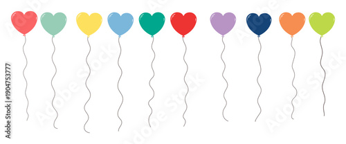 Flying heart shaped air balloon illustrations set, isolated on white background. Hand drawn vector. Flat design. Birthday celebration, festival, carnival, party clip art, elements collection