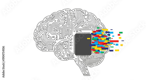 AI Brain Circuit Board with CPU Chip and Colorful Data Flow. Machine Learning, Digital Mind, and Technology Intelligence Concept Vector Illustration.