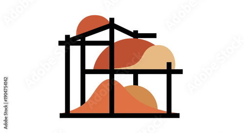 Minimalist Abstract Geometric Architecture and Organic Shapes Illustration. Modern Earth Tone Design with Black Structure.