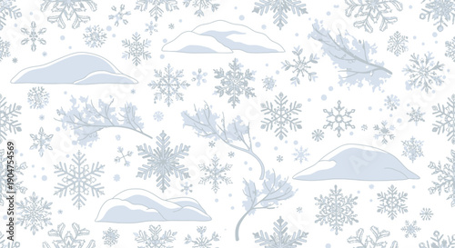 Seamless repeating winter pattern featuring detailed line art illustrations of diverse blue snowflakes, stylized snow drifts, and bare frosted branches on a clean white background.