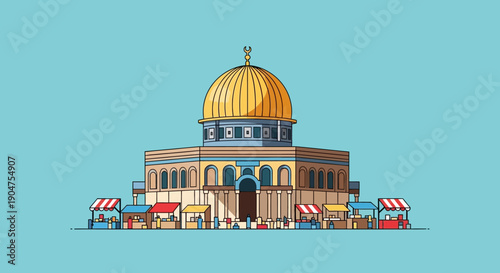 Stylized illustration of the Dome of the Rock with a bustling market scene below, representing cultural heritage and vibrant local life in a simplified, flat design style