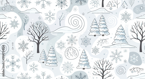 Seamless winter pattern with snowy evergreen trees, bare branches, detailed ornamental snowflakes, and stylized snowdrifts in a gray monochrome sketchy cartoon style background.