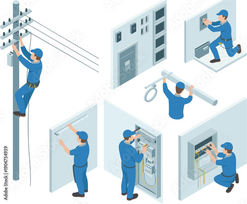 Isometric electrician workflow illustration showing power line installation, electrical panel wiring, maintenance service, professional technician energy infrastructure vector design concept