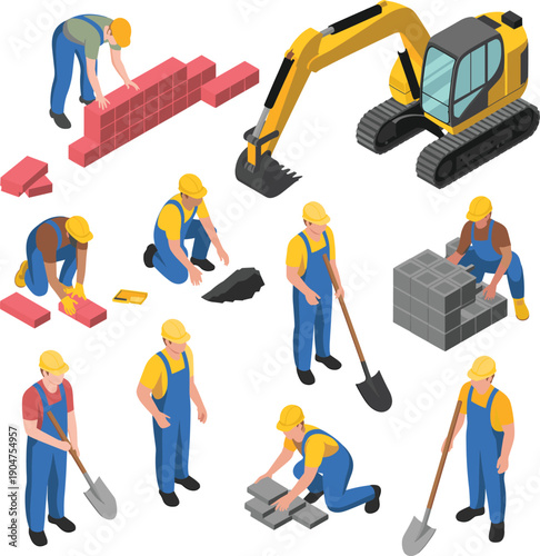 Isometric construction workforce vector illustration with bricklaying, masonry tasks, excavator, hand tools, building materials, teamwork, civil engineering concept