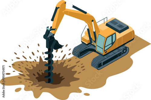 Isometric excavator drilling ground illustration with hydraulic auger construction machinery heavy equipment industrial engineering vector for adobe stock usage design