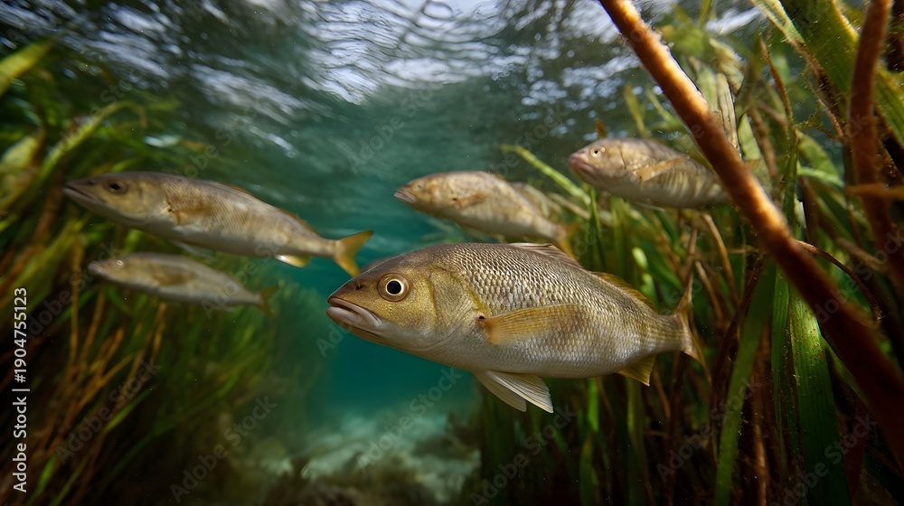 Fototapeta premium A school of small fish swims through lush green seagrass in clear sunlit turquoise underwater environment