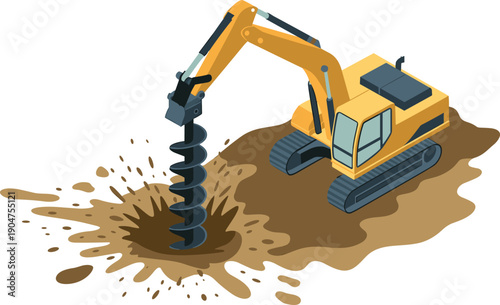 Isometric excavator drilling soil illustration with hydraulic auger heavy construction machinery industrial engineering vector design for adobe stock use