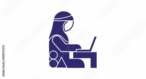 Blue silhouette icon of a Muslim woman in hijab working diligently on a laptop at a desk, symbolizing remote work, online education, and professional productivity.