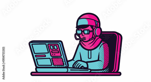 Vibrant flat illustration of a person with a headset and glasses working on a laptop, depicting remote work, online support, or gaming.