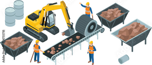 Isometric mining and construction vector illustration with excavator, conveyor belt, workers, raw materials processing, heavy machinery, industrial production concept