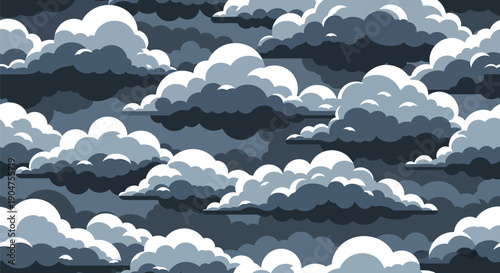 Seamless pattern background of stylized dark storm clouds and cumulus formations layered in monochrome shades of gray, white, and deep indigo, suitable for digital backdrop design.