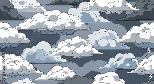 Seamless repetitive pattern of dense, stylized storm clouds and dark rain squalls in a monochrome vector illustration style, ideal for weather backgrounds.
