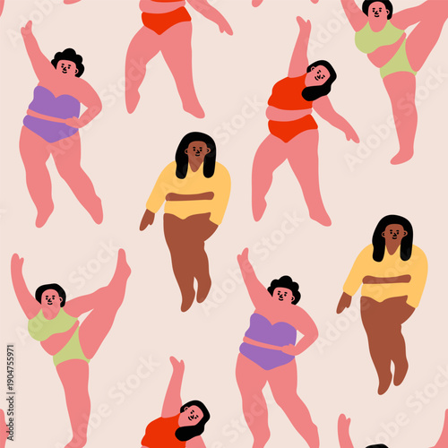 Curvy, chubby Ladies set. Cute characters. Happy, gracefully, joyful women in colorful top and panties. Hand drawn Vector illustration. Dance, confidence, fitness concept. Square seamless Pattern