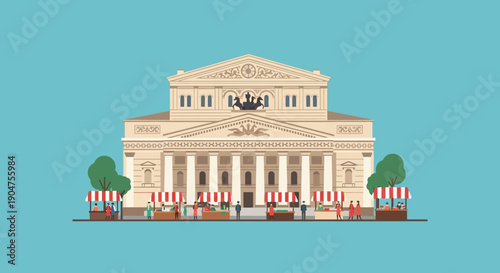 Grand classical building facade with columns and ornate decoration, surrounded by market stalls with awnings, depicting a lively outdoor cultural event or festival on a clear day