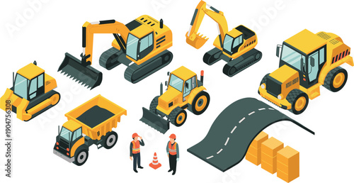 Isometric road construction machinery scene with excavators bulldozer dump truck rollers workers traffic cones asphalt for infrastructure building vector illustration