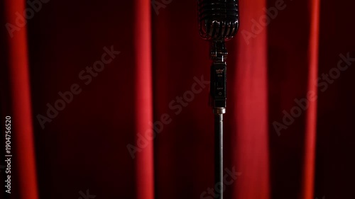 Vintage Microphone with Red Theater Curtains in Background on Stage